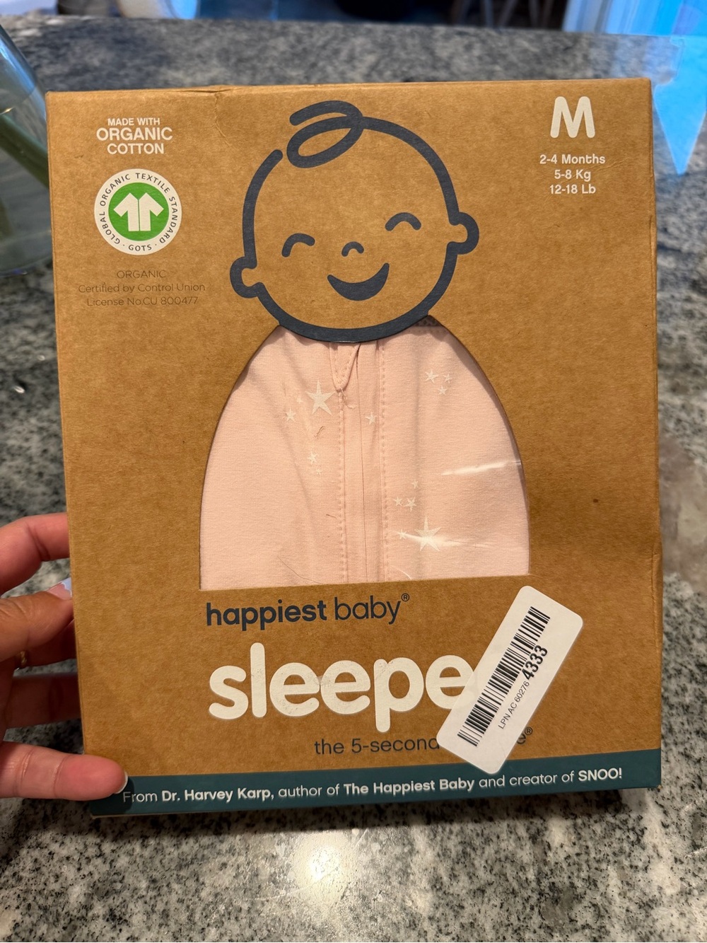 Happiest Baby Sleepea Swaddle M 2-4 Months Pink Stars Organic Cotton 12-18Lb